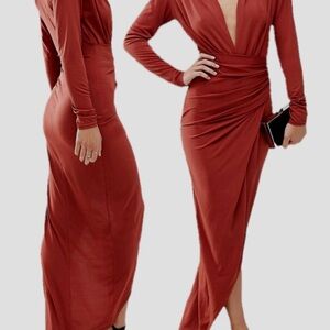 Zack Plunging Rust Long Sleeve Midi Dress